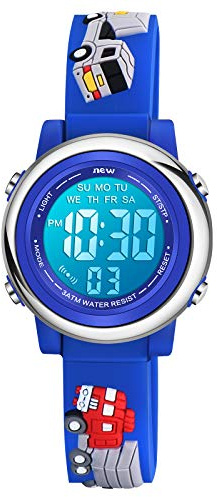 Venhoo Kids Watches for Boys 3D Cartoon Waterproof Silicone 7 Color Flashing Lights Children Toddler Wrist Watch for Boy Little Child-Blue Track