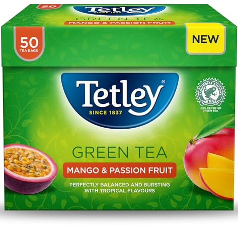 Tetley Mango & Passionfruit Green Tea, 50 Tea Bags | Fruit Blend Green Tea, Britain's Tea, 185+ Years of Tea Heritage, Rainforest Alliance Certified, 50 Bag Box