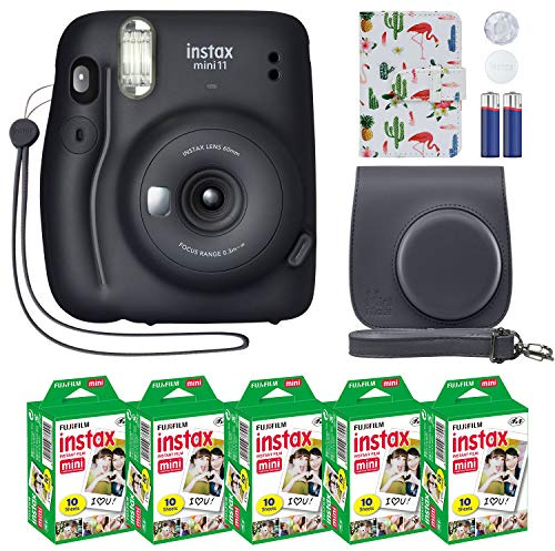 Fujifilm Instax Mini 11 Instant Camera Charcoal Gray + MiniMate Accessory Bundle & Compatible Custom Case + Fuji Instax Film Value Pack (50 Sheets) Flamingo Designer Photo Album