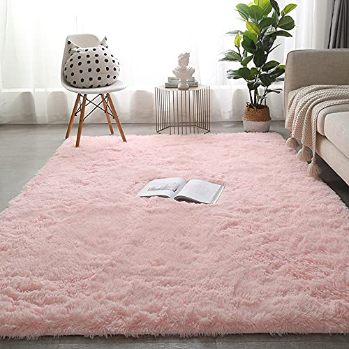 Grand tapis moderne à poils longs, antidérapant, doux au toucher, en fausse fourrure, pour salon, chambre à coucher, canapé, chambre d'enfant - 120 x 160 cm - Rose