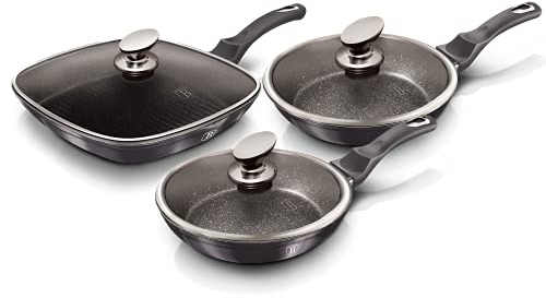 Berlinger Haus Carbon Pro 3pc Frying Grill Pan with Lids Aluminium Non Stick