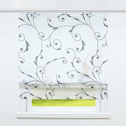 CORLIF Raffrollo mit Klettband Transparent Bändchenrollo Küche Landhaus Gardinen Kurz Vorhang Modern Bedruckte Vorhänge Weiß BxH 80x140cm 1 Stück