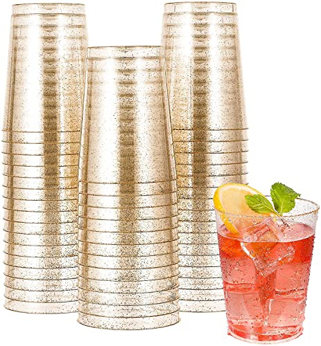 KAHEIGN 50 Pièces Paillettes D'or Tasses en Plastique, 300ml Verres à Vin Ronds Tasses à Dessert Transparentes Coupe Apéritif Parfait Gobelets Réutilisables Pour Whisky Mariage Fête (7,5 x 9,5 cm)