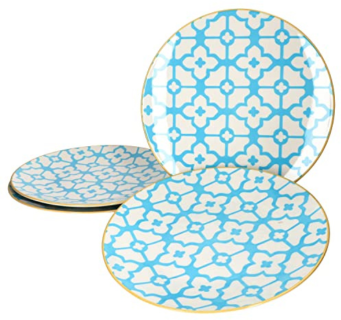 Ritzenhoff & Breker Makina blau 4er Set Speiseteller I Ø 27 cm I 4 Personen I Essteller, große Platte, Beilagenteller I Retro-Design I Porzellan-Geschirr mit blau-weißem Dekor & gelbem Rand