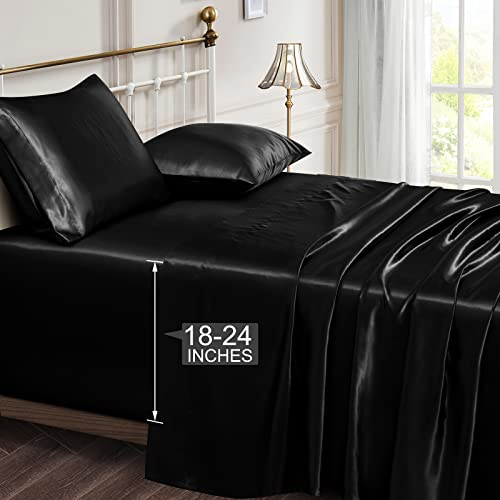 Vonty Satin Sheets Extra Deep Pocket King Size Sheets - Cooling & Silky Satin King Sheets Set with 18-24 Inch Deep Pocket, Black Satin Bed Sheets Fit Up to 24 Deep Matress - 4 Piece