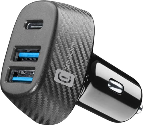 Cellularline - Caricabatterie da Auto per Accendisigari 12/24V- Ricarica Veloce 44W - 2 porte USB - 1 Porta USB C