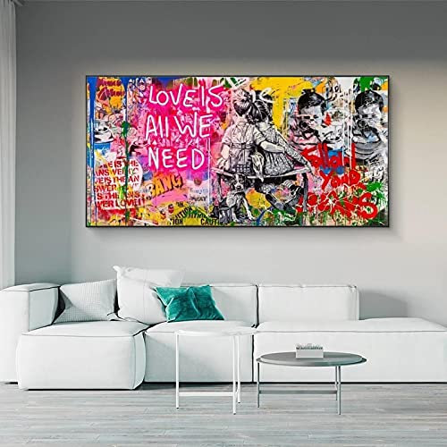 Banksy Art „Love Is All We Need“-Leinwandbild „Follow Your Dream“, Graffiti-Straßenkunst, Schwarz, gerahmte Bilder für die Dekoration, 80 x 162 cm/32 x 64 Zoll, schwarzer Rahmen