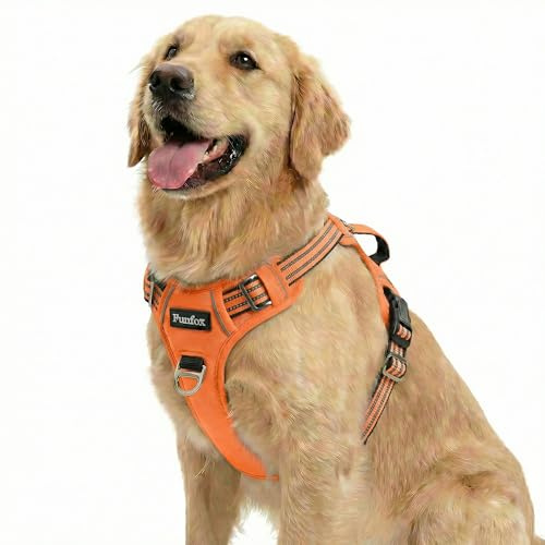 Funfox Hundegeschirr Mittelgroße Hunde [L] - Verstellbares Anti-Zug Brustgeschirr mit Griff & Reflektorstreifen, Atmungsaktives No Pull Hundegeschirr für Grosse/Kleine Hunde Outdoor Orange