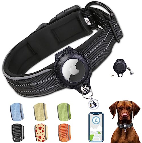 AgoumLux Hundehalsband für Integriertes Apple AirTag Halsband Air Tag GPS Verstellbar Neopren Nylon Reflektierend für Kleine Mittel Große Hunde, Schwarz, S