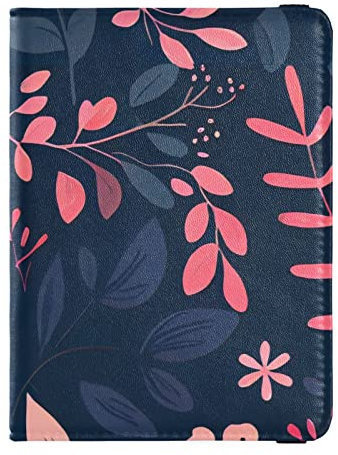 Reisepasshülle mit schwarzem Muster, mit Impfkartenschlitz, Leder, Rosa und Blau, Reisepasshülle, Reisedokumente, Organizer, Rosa und blaue Pflanzen, schwarzes Muster, Einheitsgröße, Kompakt