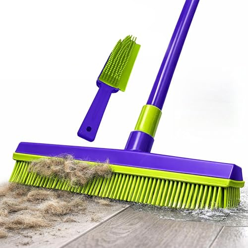 Rubber Broom with Telescopic Handle, Pet Hair Remover Broom for Carpets, Rugs & Hard Floors, Rubber Bristle Sweeping Brush for Laminate, Tile & Patio, Wet & Dry Indoor Outdoor Floor Cleaning Tool
