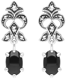 Esse Marcasite - Orecchini pendenti in argento Sterling, stile Art Nouveau, onice nera e marcasite