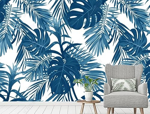 Papier Peint Intissé Feuille Bananier Bleu Sur Fond Blanc Poster Tableaux Muraux Tapisserie Photo Trompe L'Oeil Salon Chambre Décoration Murale 400Cm(W)*280Cm(H)