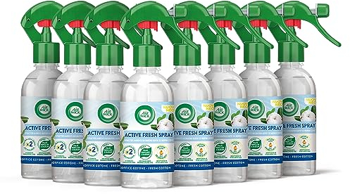 Airwick Ambientador para ambientes, paquete de 8 aerosoles de 250 ml, spray Active Fresh al perfume de algodón, desodorante de ambiente
