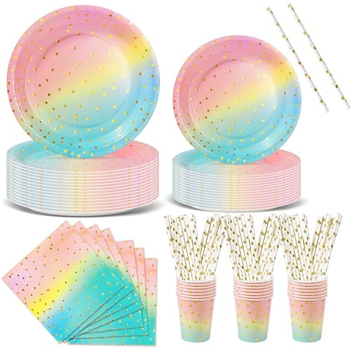 Nkaiso 120Pcs Arcobaleno Oro Piatti Carta per feste di Compleanno-24 Ospiti | Piatti Usa e Getta Eleganti Set Include Piatti Carta Bicchieri Tovaglioli, per Matrimonio Baby Shower Decorazioni di feste