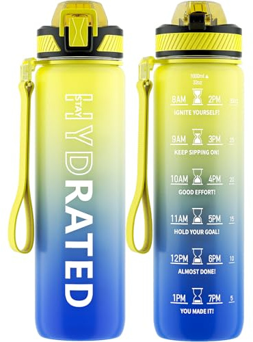 QLUR Trinkflasche, 1L BPA-Frei Tritan Wasserflasche mit Strohhalm, Trinkflasche Sport Auslaufsicher mit Zeitmarkierung und Bürste, Sportflasche für Fitness, Yoga, Sternenhimmel (1 Flasche)