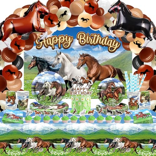 Pferde-Geburtstagsparty-Dekoration – Pferde-Partygeschenke, Teller, Tassen, Servietten, Tischdecken, alles Gute zum Geburtstag, Hintergrund, Luftballons, Tortenbogen, zum Thema Pferderennen (L)