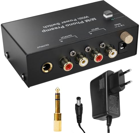 Phono Preamplificatore Giradischi – Phono Preamp per giradischi con sistemi di scansione MM, ingresso e uscita RCA, amplificatore stereo con livello, nero