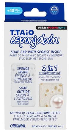 T. Taio Esponjabon Soap Sponge - Gentle Shower Scrubber - Cleaning Bath Wash Scrub - Dirt & Oil Removal - Massage & Lather Foot, Elbow, & Face Bathroom Accessories (Mother of Pearl)