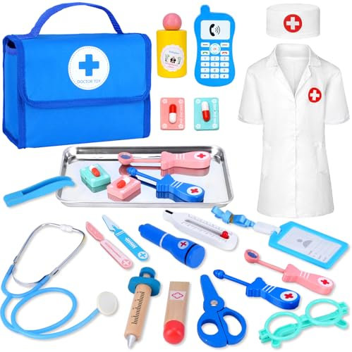 TGTT Arztkoffer Kinder Holz, Doktorkoffer mit Echtem Stethoskop, Thermometer, Spritze, Arzttasche und Arztkittel, Geschenk für Kinder ab 3