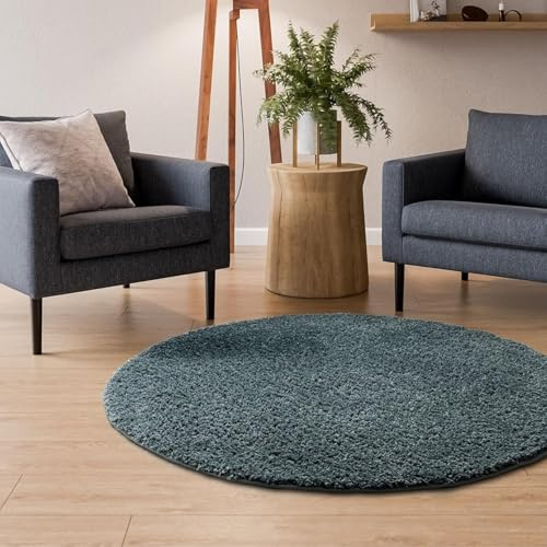 Interiyou Tappeto salotto a pelo alto Sofia - 120x120 cm Rotondo Blu - Soffice e monocromatico - Lavabile e antiscivolo - Lungo morbido