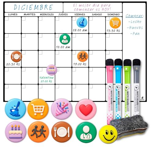 toots - Calendario Magnético para Nevera A3 (42x30) con 8 Imanes de eventos, 4 Marcadores, Emoji y Borrador, Pizarra Organizadora para Cocina, Planificador Semanal o Mensual, Menú, Compras y Familia.