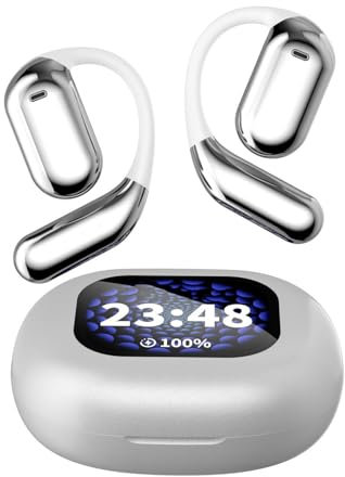 Fiauli Wireless Earbuds, Bluetooth 5.4 Headphones Wireless,Stereo Sound Noise Reduction Ear buds with Earhooks,LED Display Wireless Headphones In Ear for Home Office Sport White