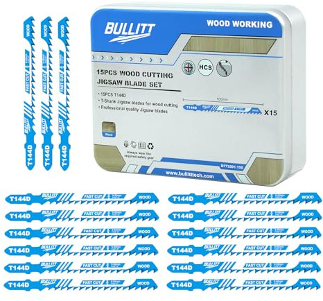 BULLITT 15PCS T144D 100mm Professional Jigsaw Blade Set,HCS Jigsaw Blades Designed for Straight and Fast cut on Wood,Professional Accessories for Jigsaws,100mm length 6 TPI with Universal T-shank