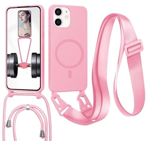 FERLAN Cover con Cordino per iPhone 12 Mini Cover Magnetica, Cover in Silicone TPU Morbido Corda Collana Necklace Regolabile Stylish con Catena Ultra Sottile Case, Rosa