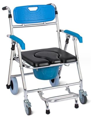 HADECOLL Fauteuil Roulant De Douche Pliable 4 en 1 avec roulettes, Siège D'Aisance avec Repose-Pieds Pliable, Chaise Mobile Étanche pour Toilettes, pour Personnes Âgées, 150 Kg, B