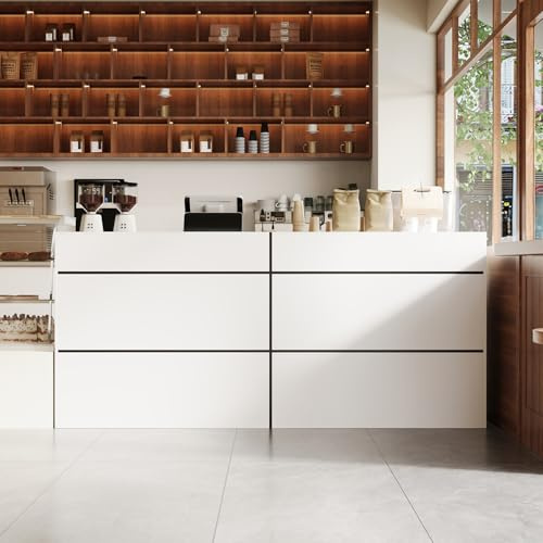 Caldion Empfangstheke Rezeptionstheke Empfangstresen Rezeption-Tisch Rezeptionsmöbel Weiß und Schwarze Linien Bürorezeption mit Ablagefächern Schreibtisch und Aktenschrank 220x60x100 cm