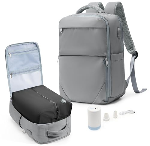 livbote Sac a Dos de Voyage Cabine Avion sous Vide avec Pompe – Sac de Compression avec Airbag 45x36x20, Port USB, Bagage à Main Imperméable -Gris