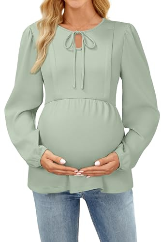 OUGES Womens Maternity Nursing Tops Tie Front Crew Neck Long Sleeve Breastfeeding Shirts Hidden Zipper Business Casual Fall Outfits Pregnancy Must Haves Work Clothes Office Blouse 2025(Gray Green,S)