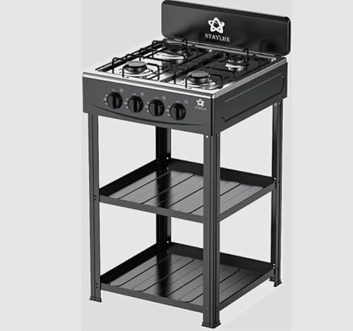 Fornello a Gas 4 Fuochi Cucinotto Con Supporto 2 Ripiani Piano in Acciaio Colore Nero Cucina Da Campeggio Larghezza 49 x Profondità 49 x Altezza 82,3 cm Black
