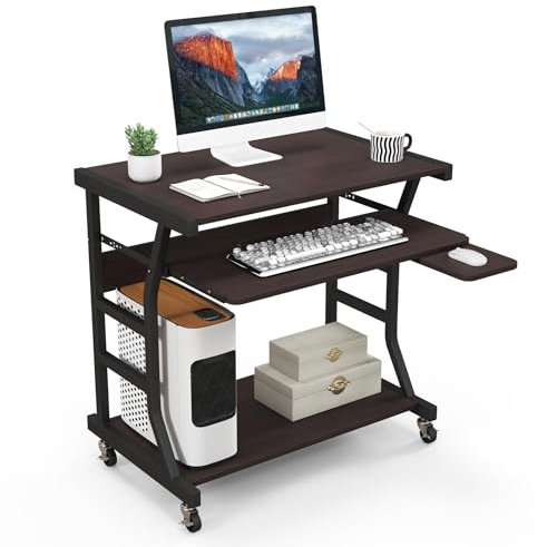 LIFEZEAL Scrivania per computer a rotelle, 75 cm Scrivania per computer mobile per piccoli spazi, tavolo con vassoio per tastiera e mouse, ripiano portaoggetti inferiore, marrone scuro