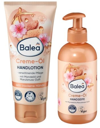 Balea Juego de 2 – Jabón Líquido Crema Aceite con Aceite de Almendras y Nuez de Marulannu, 300 ml + Loción de Manos Crema Aceite 100 ml + Esponja de Silicona Bonus