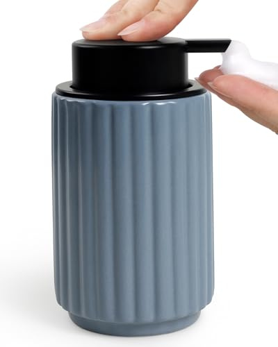 Foaming Soap Dispenser, Ceramic Foam Hand Soap Dispenser with Stripe Design for Kitchen or Bathroom, Refillable Dish Lotion Dispenser, Gray Blue, ANTIS'S HOME