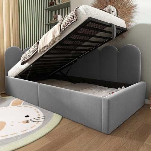 Polsterbett 90x190cm, Einzelbett Tagesbett mit Hydraulischer Stauraum, Stauraumbett Kinderbett Jugendbett Daybett Gästebett Schlafsofa Bettgestell mit Lattenrost aus Metall, Ohne Matratze, Samt, Grau