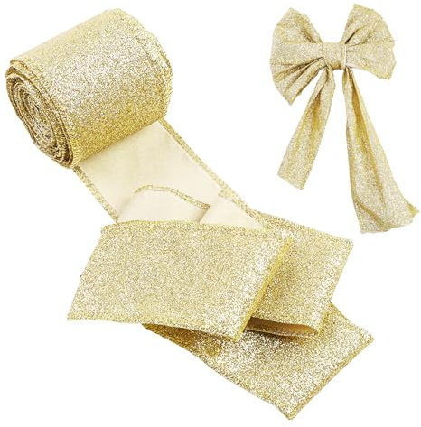 Weihnachten Satinband mit Draht, 6cm Breite Gold Schleifenband x 10m Lang Glitzer Drahtkantenband, Weihnachtenband für Geschenkverpackung, Weihnachts Dekorativ, Weihnachtsbäumen Deko