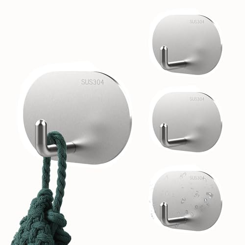 Mandouer Klebehaken Extra Stark Silber, 4 Stück Handtuchhaken Ohne Bohren | Edelstahl Wandhaken selbstklebend, Handtuchhalter für Bad, Toilette und Küche, wasserfest und rostfrei, hält bis zu 6kg