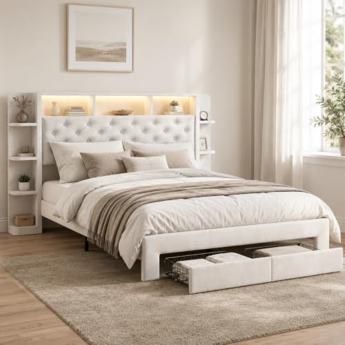HYTKKBD Gepolstertes Bett, 160 x 200 cm, Doppelbett mit LED und USB-Anschluss, Bettgestell mit 2 Schubladen und Regal, Lattenrost, ohne Matratze (weißer Samt)
