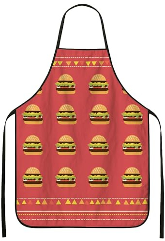 Delantales juguetones para cocinar, delantal de cocina con patrón de hamburguesa roja, delantal lavable con divertido diseño culinario para asar barbacoa, Rojo -, 24x31 Inch
