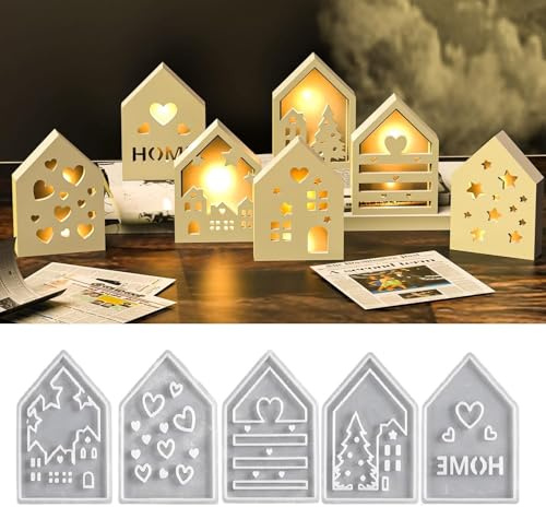 5 Stück Silikonformen Gießformen Häuser,Silikonform Gießformen Silikon Haus mit Fenster,Kerzenhalter Epoxidharz Form Haus Dekoration DIY Handwerk