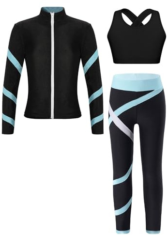 Sinleey Trainingsanzug Mädchen Sportanzug Sport Yoga Jogginganzug Jacke Trägerhemd Leggings Gym Gymnastik Outfit Eiskunstlauf Tanzen Training Kinder 5-16 Jahre D Schwarz & Hellblau 134-140