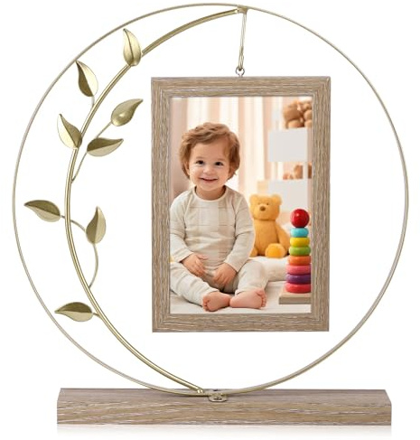 Bilderrahmen Holz Vintage 10x15, Hält 2 Fotos mit Hochwertigem HD Glas | Tischdeko aus Metall und Baumholz Fotogeschenke, Fotorahmen für Familie, Geschenk, Weihnachten, Hochzeit, Mama Oma, Gold