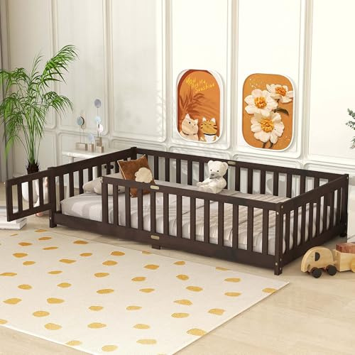 Twin Montessori Floor Beds for Kids, Solid Wood Montessori Bed with Door & High Rails, Twins Floor Bed Frame for Boys and Girls, Low Rise Design, Sturdy Slats, No Box Springs Needed (Espresso, Twin)