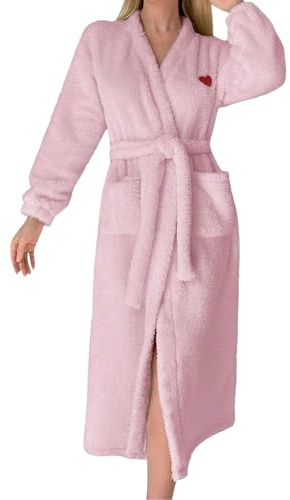 Albornoz de toalla para mujer, bata de baño con cinturón, acogedora, de manga larga, con bolsillos profundos y muy suave, muy absorbente, con cuello en V, manga larga, rosa, M