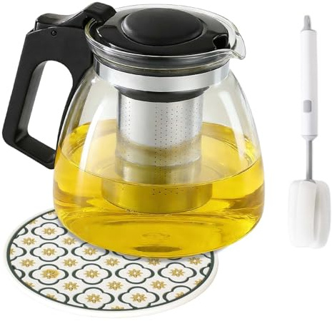 Luxvara Teiera in Vetro di alta qualità, Grande capacità, resistente al calore, Spazzola per la pulizia, Bollitore da Cucina con Filtro in Acciaio Inox per Foglie di tè Sfuso, Tisane, caffè (1100ml)