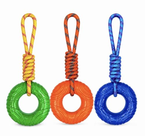 Pack Of 3, Dog Rope and Rubber Ring Tug Toy, 43cm, Pack of 3, Green, Orange and Blue