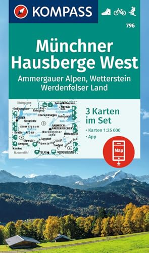 KOMPASS Wanderkarten-Set 796 Münchner Hausberge West, Ammergauer Alpen, Wetterstein, Werdenfelser Land (3 Karten) 1:25.000: inklusive Karte zur ... in der KOMPASS-App, Fahrradfahren, Skitouren
